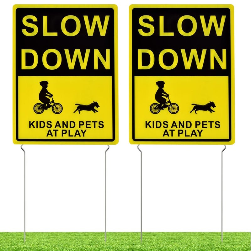 Kichwit Slow Down Kids and Pets at Play Yard Signs with Metal Stakes, 16 x 12 Inches/25.7 Inch High, 2 Pack Double Sided Children at Play Safety Signs for Street - Image 1